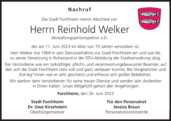 Anzeige von Reinhold Welker von MGO