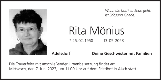 Anzeige von Rita Mönius von MGO