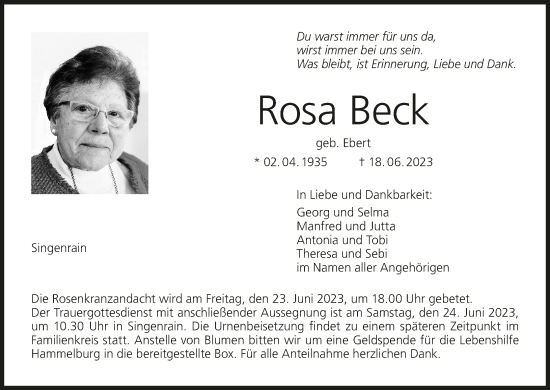 Anzeige von Rosa Beck von MGO