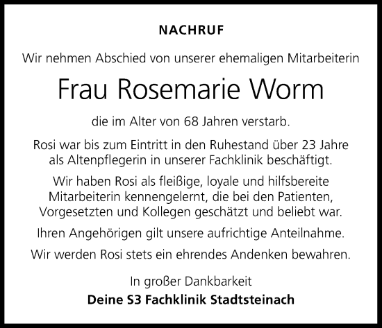 Anzeige von Rosemarie Worm von MGO