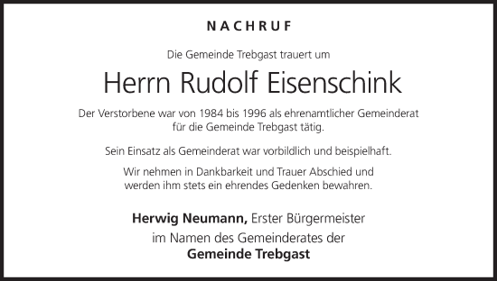 Anzeige von Rudolf Eisenschink von MGO