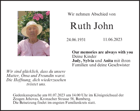 Anzeige von Ruth John von MGO