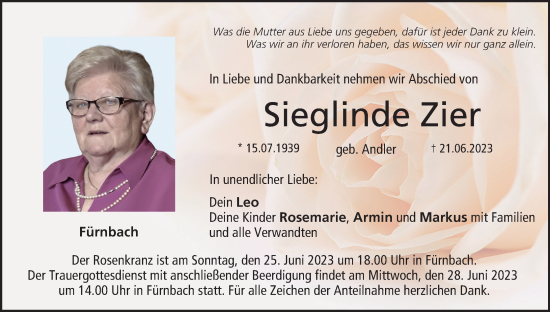 Anzeige von Sieglinde Zier von MGO