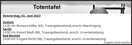 Anzeige von Totentafel vom 01.06.2023 von MGO