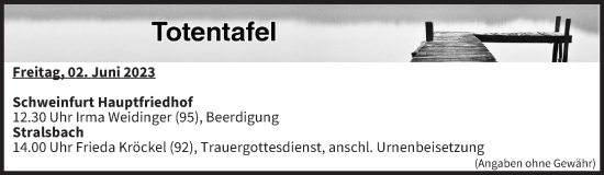 Anzeige von Totentafel vom 02.06.2023 von MGO