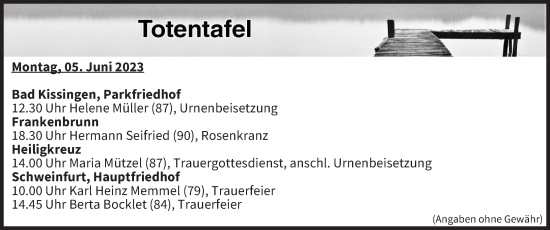 Anzeige von Totentafel vom 05.06.2023 von MGO