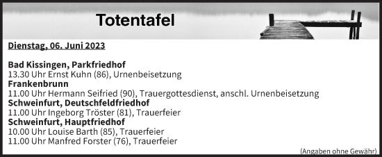 Anzeige von Totentafel vom 06.06.2023 von MGO