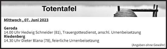 Anzeige von Totentafel vom 07.06.2023 von MGO