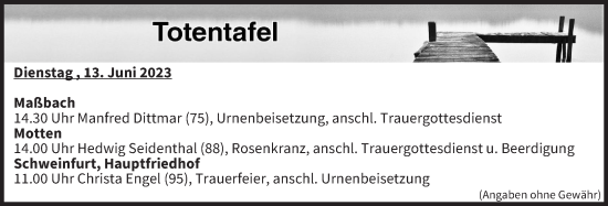 Anzeige von Totentafel vom 13.06.2023 von MGO