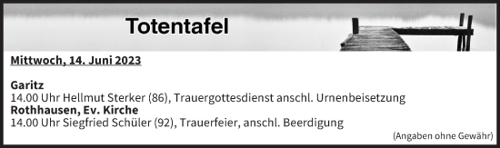 Anzeige von Totentafel vom 14.06.2023 von MGO