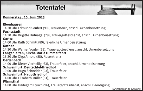 Anzeige von Totentafel vom 15.06.2023 von MGO