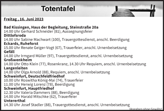 Anzeige von Totentafel vom 16.06.2023 von MGO
