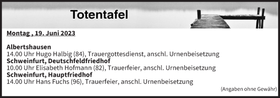 Anzeige von Totentafel vom 19.06.2023 von MGO