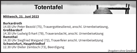 Anzeige von Totentafel vom 21.06.2023 von MGO