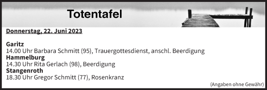 Anzeige von Totentafel vom 22.06.2023 von MGO