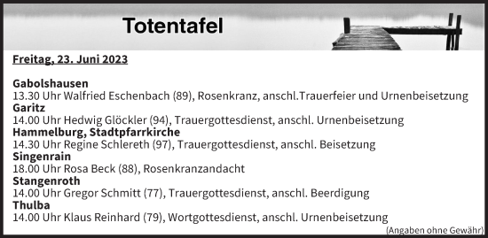 Anzeige von Totentafel vom 23.06.2023 von MGO