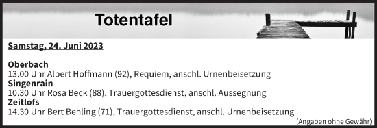 Anzeige von Totentafel vom 24.06.2023 von MGO