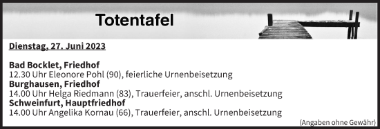 Anzeige von Totentafel vom 27.06.2023 von MGO