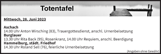 Anzeige von Totentafel vom 28.06.2023 von MGO