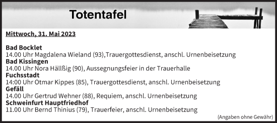 Anzeige von Totentafel vom 31.05.2023 von MGO