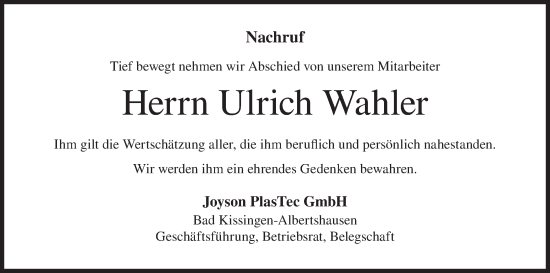 Anzeige von Ulrich Wahler von MGO