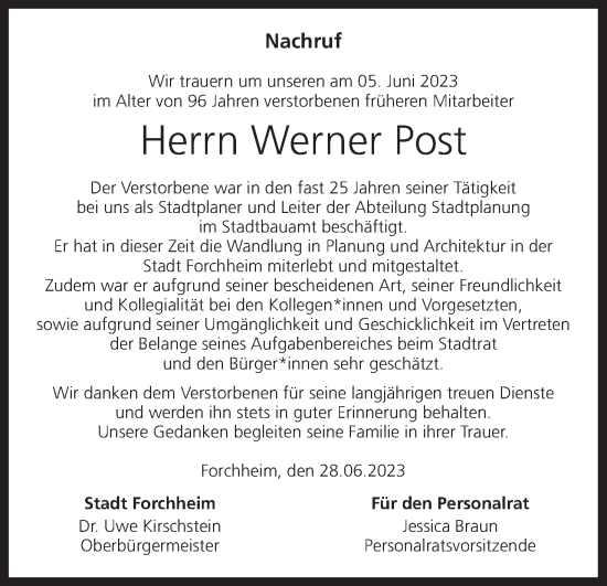 Anzeige von Werner Post von MGO