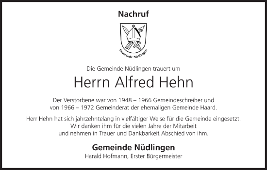 Anzeige von Alfred Hehn von MGO