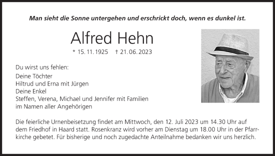 Anzeige von Alfred Hehn von MGO