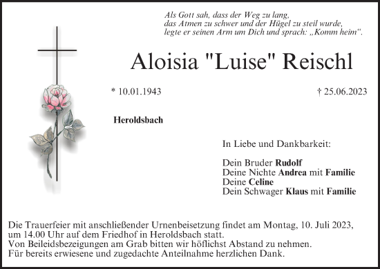 Anzeige von Aloisia Reischl von MGO