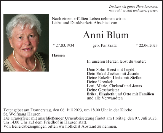 Anzeige von Anni Blum von MGO