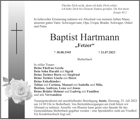 Anzeige von Baptist Hartmann von MGO