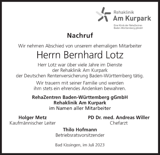 Anzeige von Bernhard Lotz von MGO