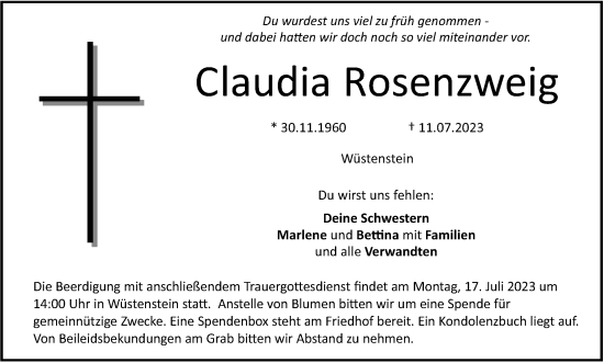 Anzeige von Claudia Rosenzweig von MGO
