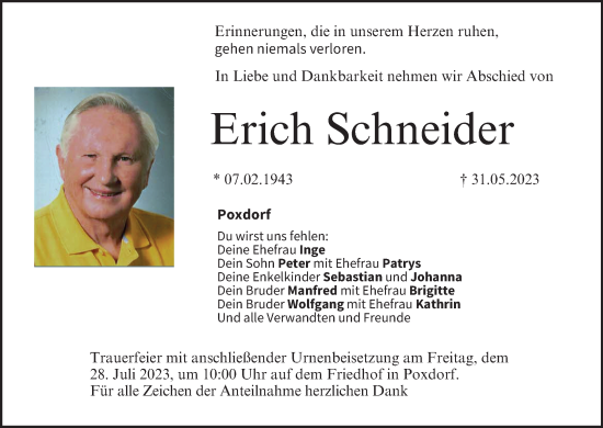 Anzeige von Erich Schneider von MGO