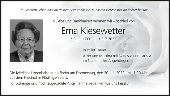 Anzeige von Erna Kiesewetter von MGO