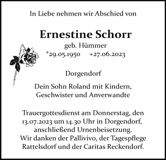 Anzeige von Ernestine Schorr von MGO