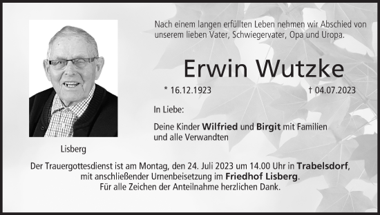 Anzeige von Erwin Wutzke von MGO