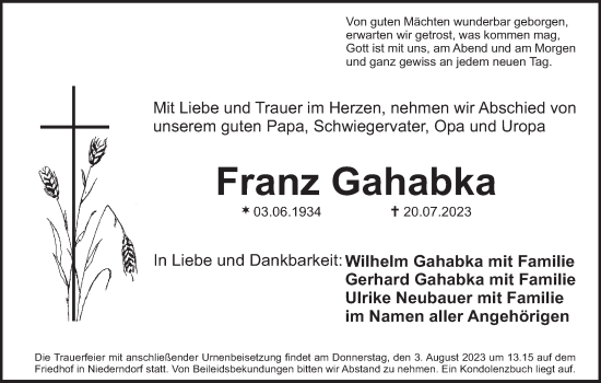 Anzeige von Franz Gahabka von MGO