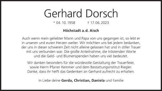 Anzeige von Gerhard Dorsch von MGO