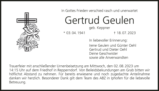 Anzeige von Gertrud Geulen von MGO
