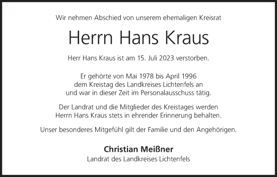 Anzeige von Hans Kraus von MGO