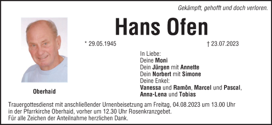 Anzeige von Hans Ofen von MGO