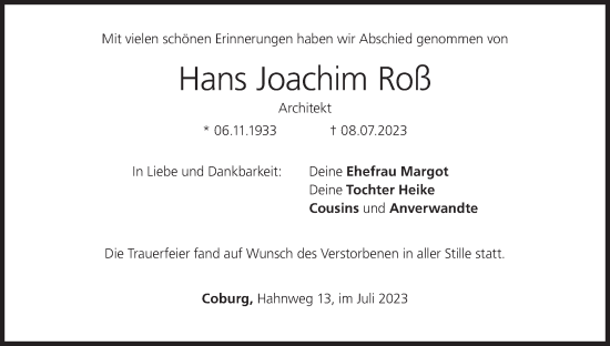 Anzeige von Hans Joachim Roß von MGO