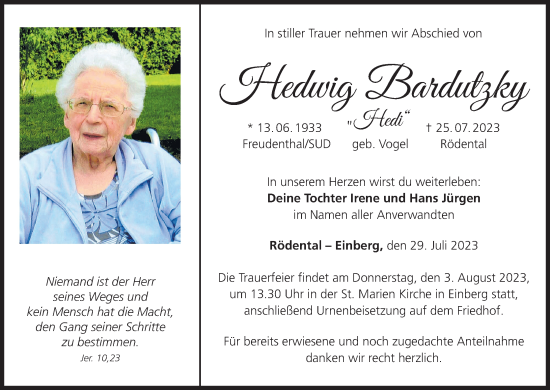 Anzeige von Hedwig Bardutzky von MGO