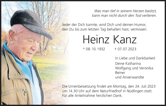 Anzeige von Heinz Kanz von MGO