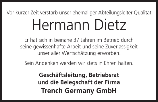 Anzeige von Hermann Dietz von MGO