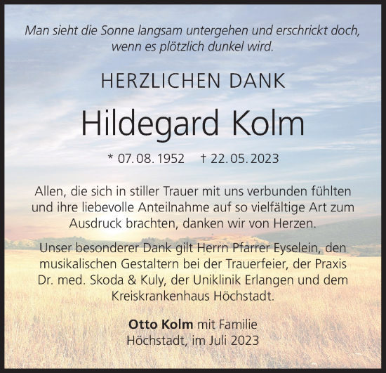 Anzeige von Hildegard Kolm von MGO
