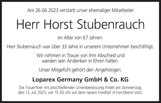 Anzeige von Horst Stubenrauch von MGO