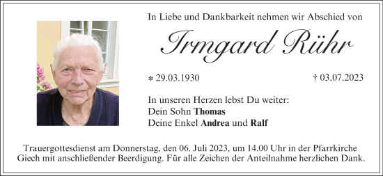 Anzeige von Irmgard Rühr von MGO