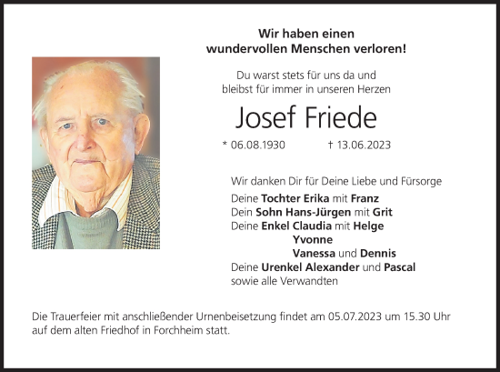 Anzeige von Josef Friede von MGO